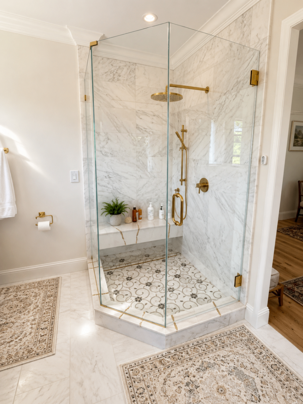 Elegant bathroom with glass shower enclosure — R. Da Silva Construction bathrooms project, Marin County & East Bay