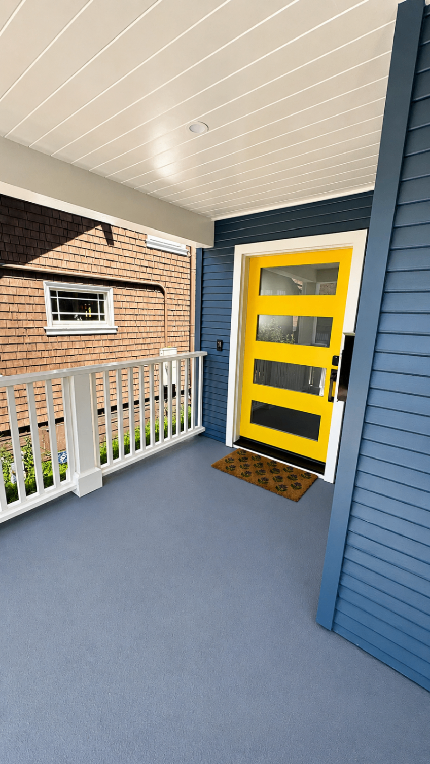 Modern porch with yellow door — R. Da Silva Construction outdoor & exterior project, Marin County & East Bay