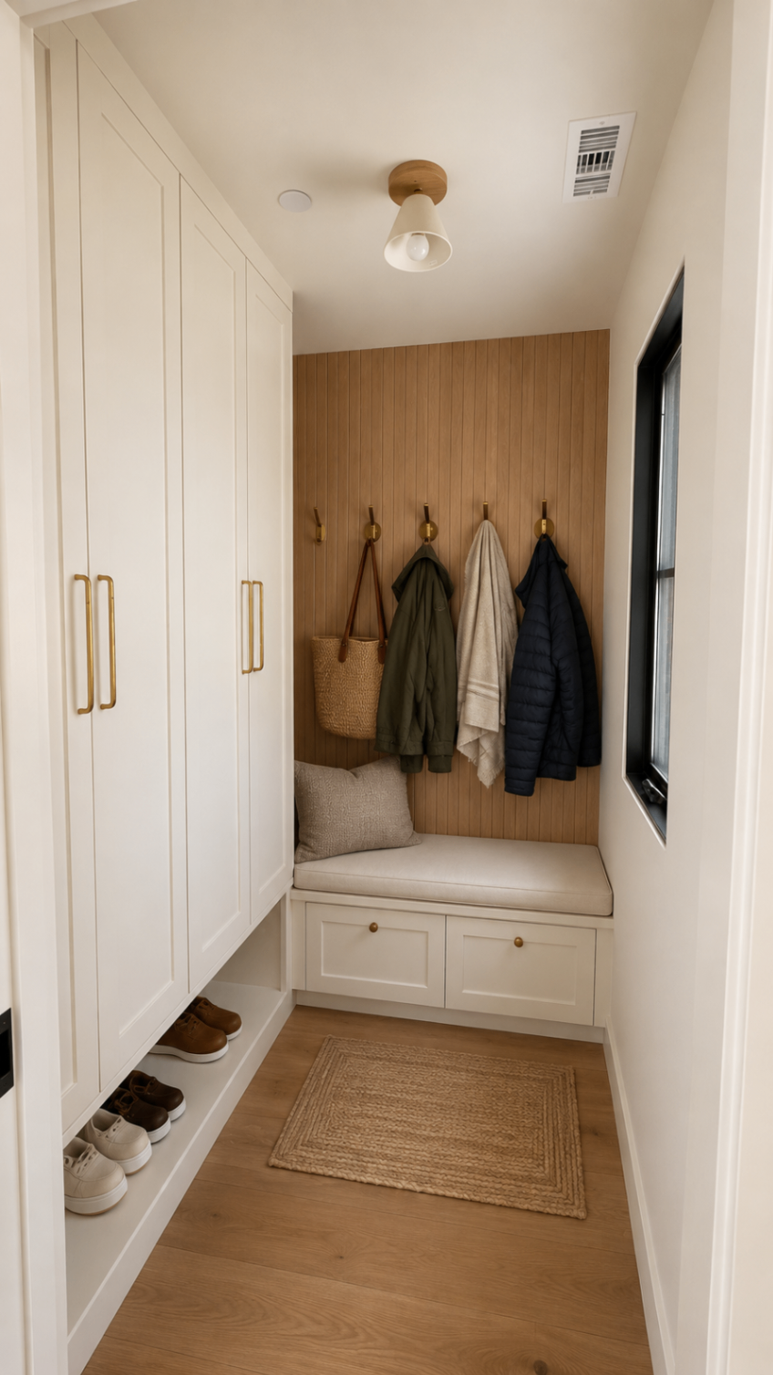 Cozy minimalist mudroom with warm neutrals — R. Da Silva Construction laundry & mudrooms project, Marin County & East Bay