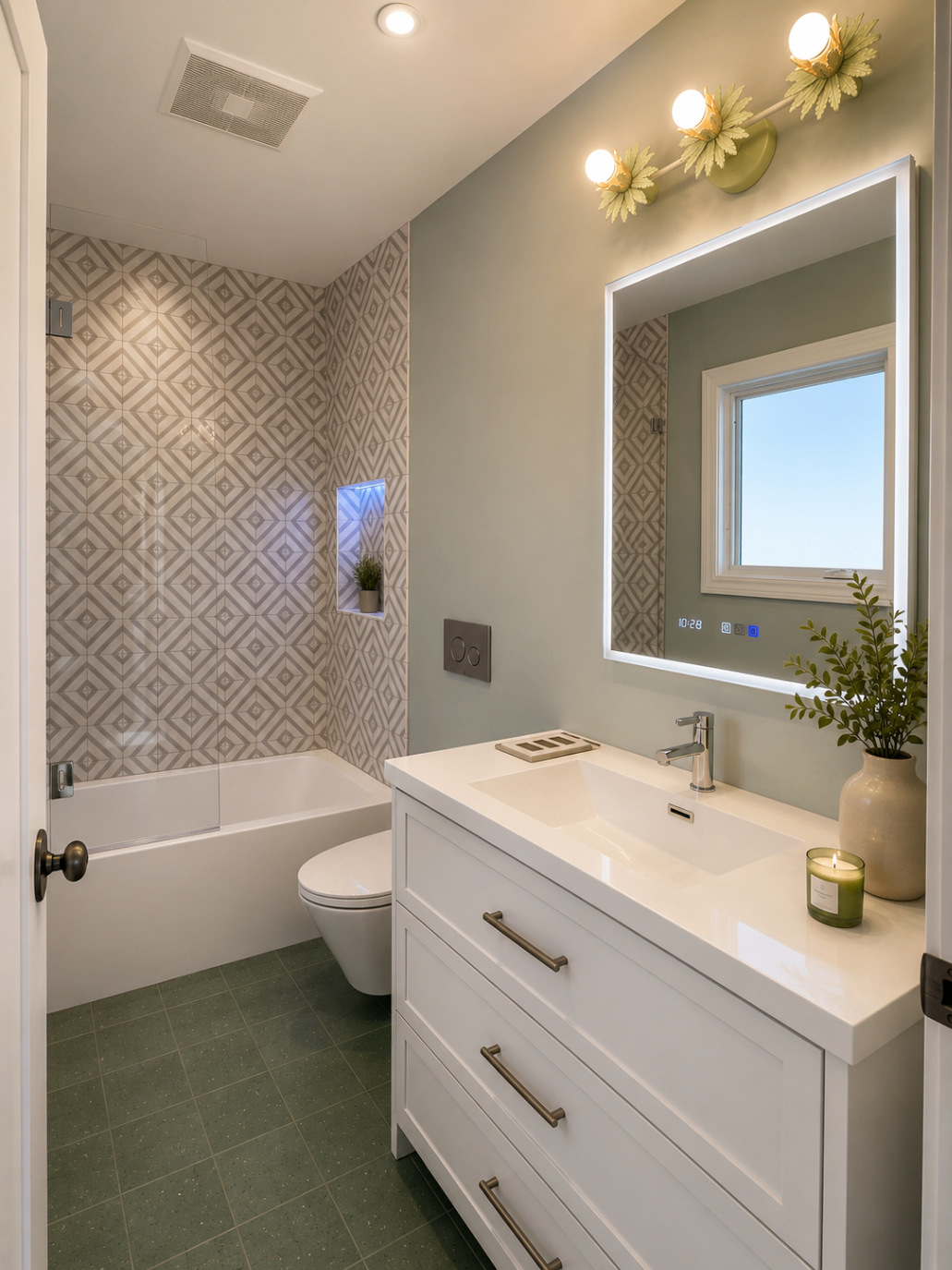 Modern bathroom with geometric tile accents — R. Da Silva Construction bathrooms project, Marin County & East Bay