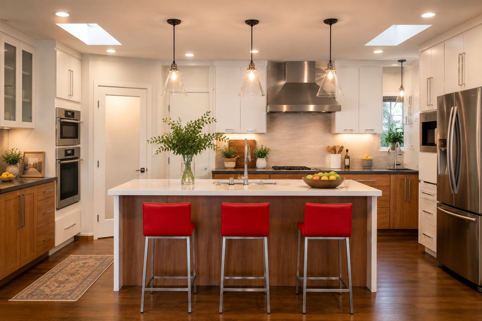 Modern kitchen with vibrant red accents — R. Da Silva Construction kitchens project, Marin County & East Bay