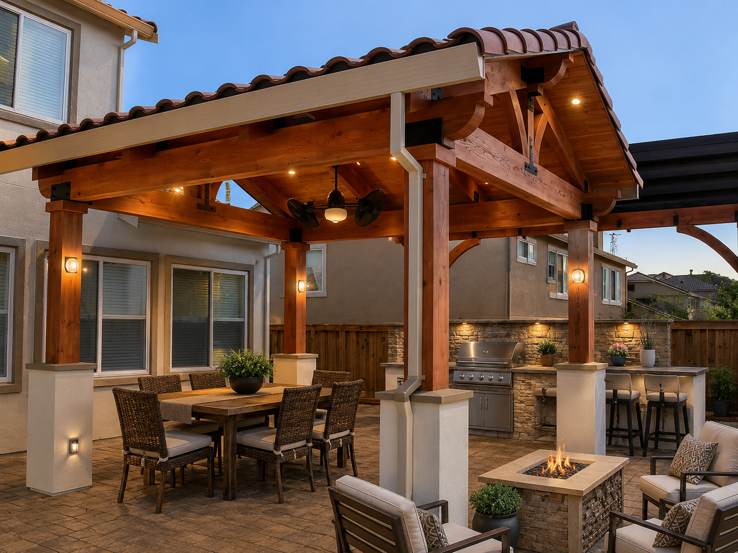 Cozy outdoor patio with wooden pergola — R. Da Silva Construction outdoor & exterior project, Marin County & East Bay