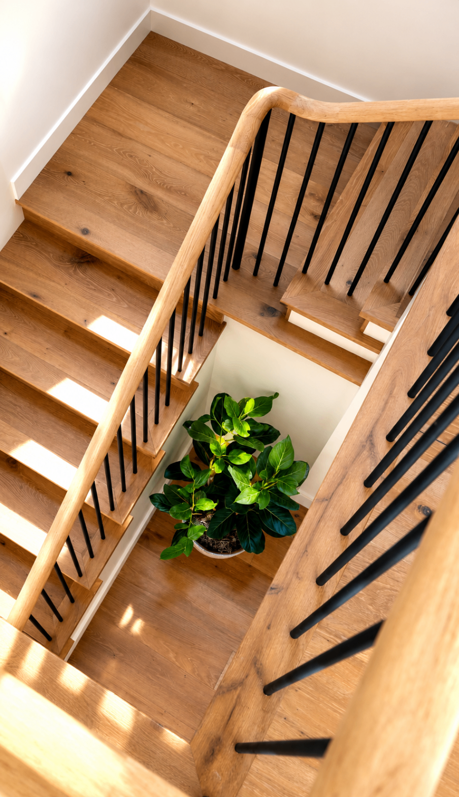 Modern staircase with natural light and plant — R. Da Silva Construction staircases & entryways project, Marin County & East Bay