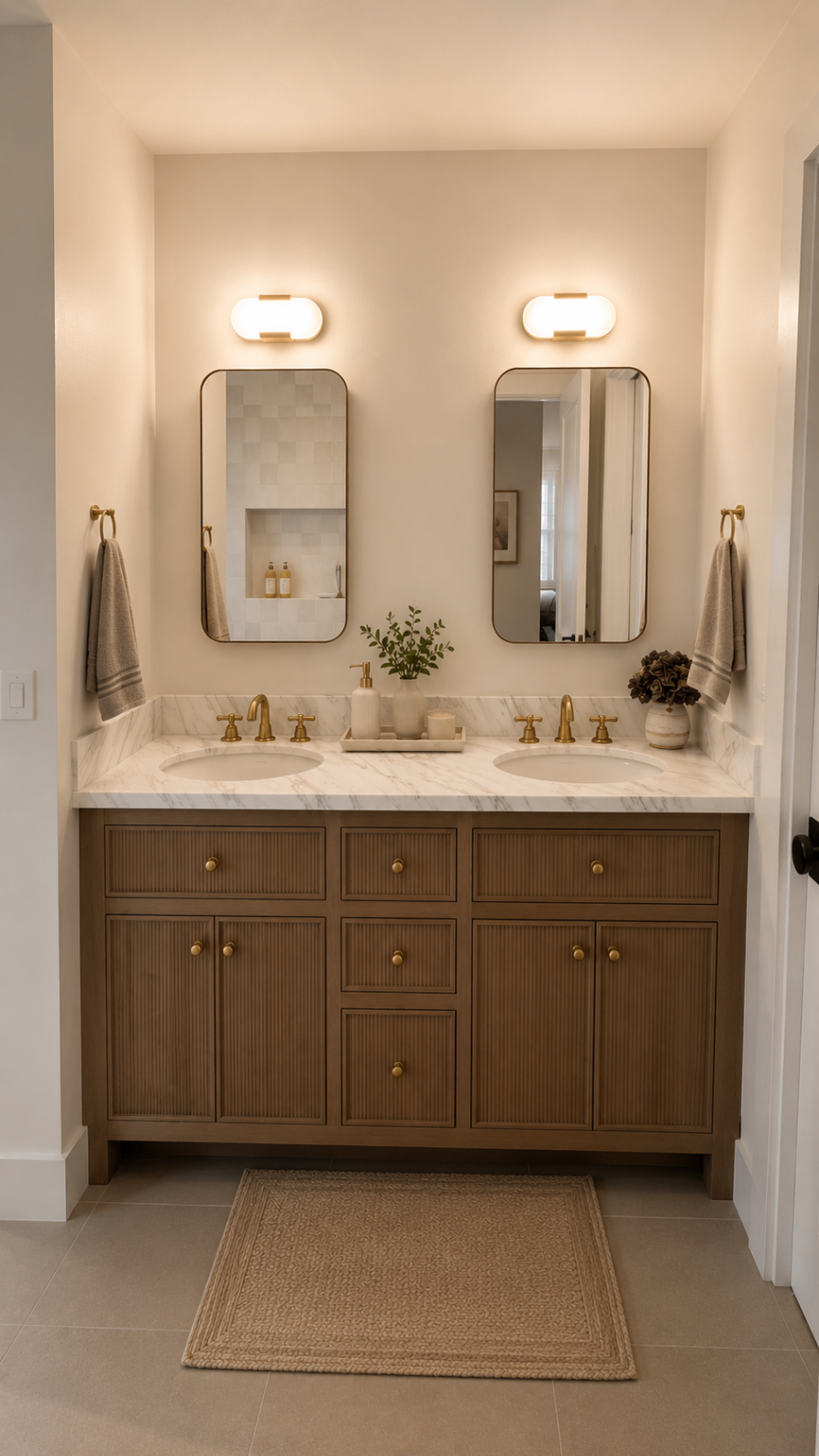 Modern bathroom with gold accents and symmetry — R. Da Silva Construction bathrooms project, Marin County & East Bay