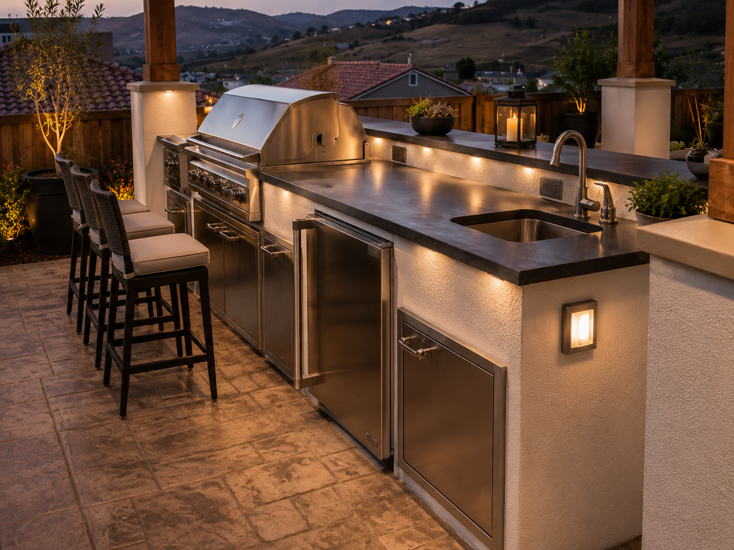 Cozy modern outdoor kitchen at dusk — R. Da Silva Construction outdoor & exterior project, Marin County & East Bay
