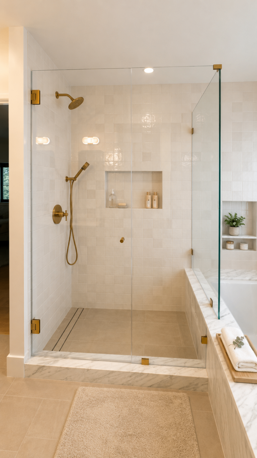 Elegant modern bathroom with brass accents — R. Da Silva Construction bathrooms project, Marin County & East Bay