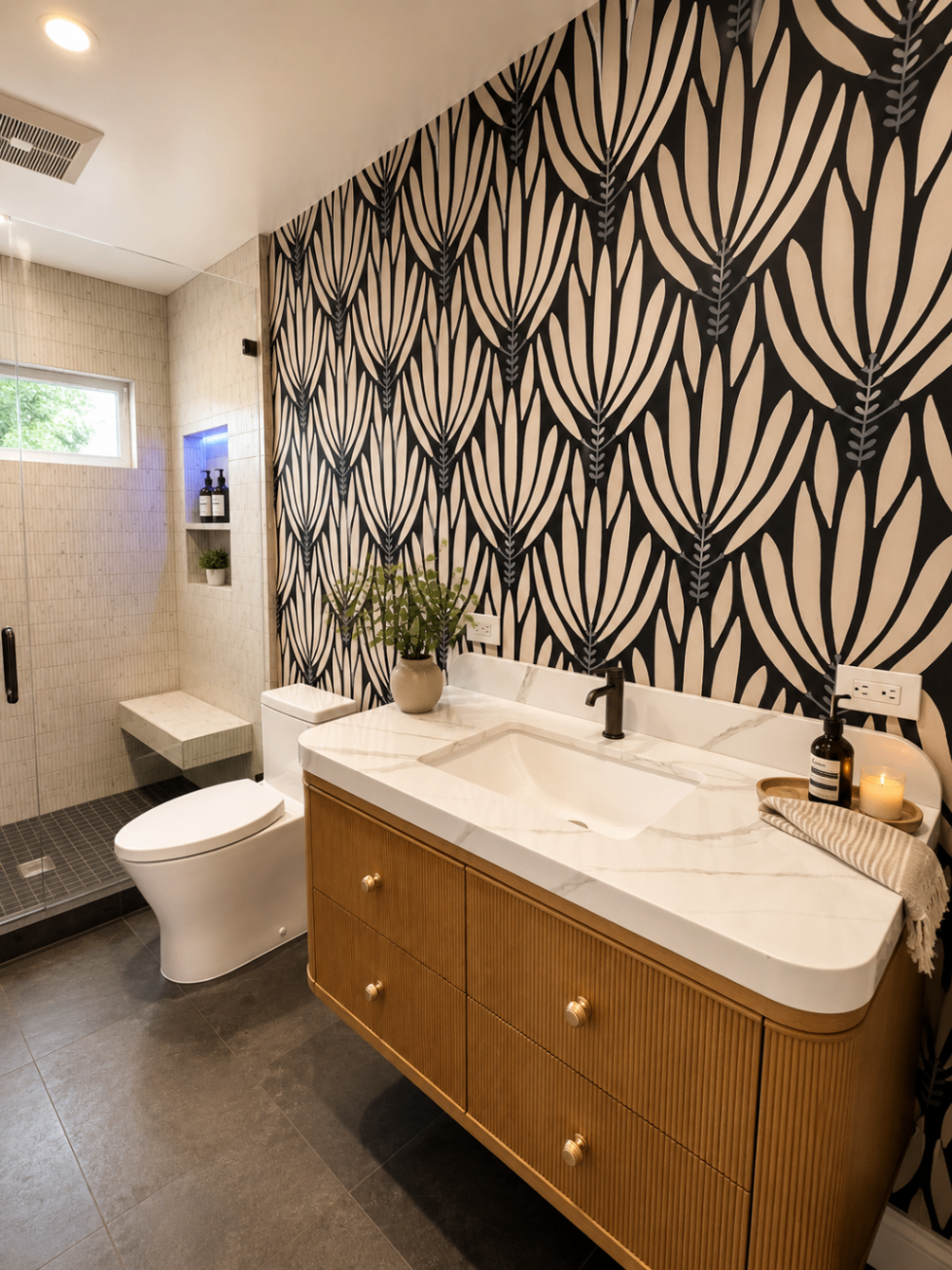 Modern bathroom with bold wallpaper accents — R. Da Silva Construction bathrooms project, Marin County & East Bay