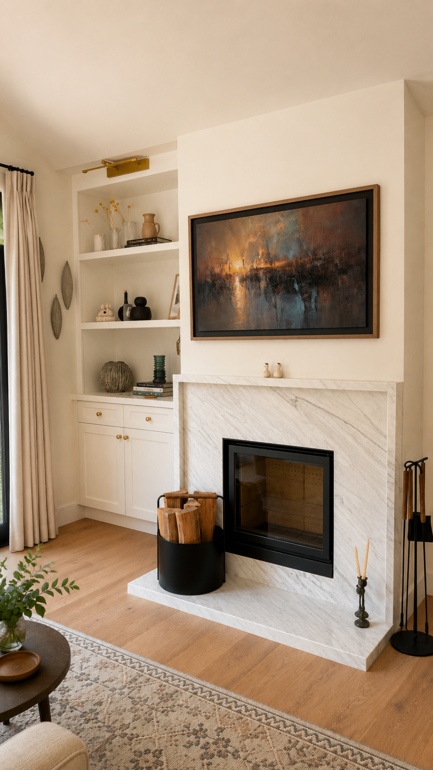 Cozy modern living room with fireplace — R. Da Silva Construction living & dining project, Marin County & East Bay