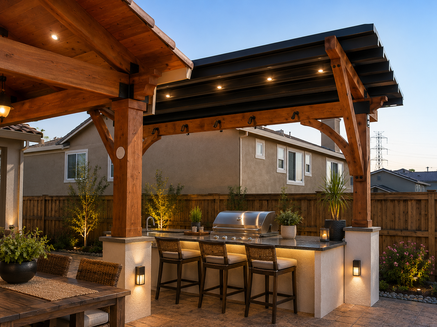 Modern rustic outdoor kitchen at dusk — R. Da Silva Construction outdoor & exterior project, Marin County & East Bay