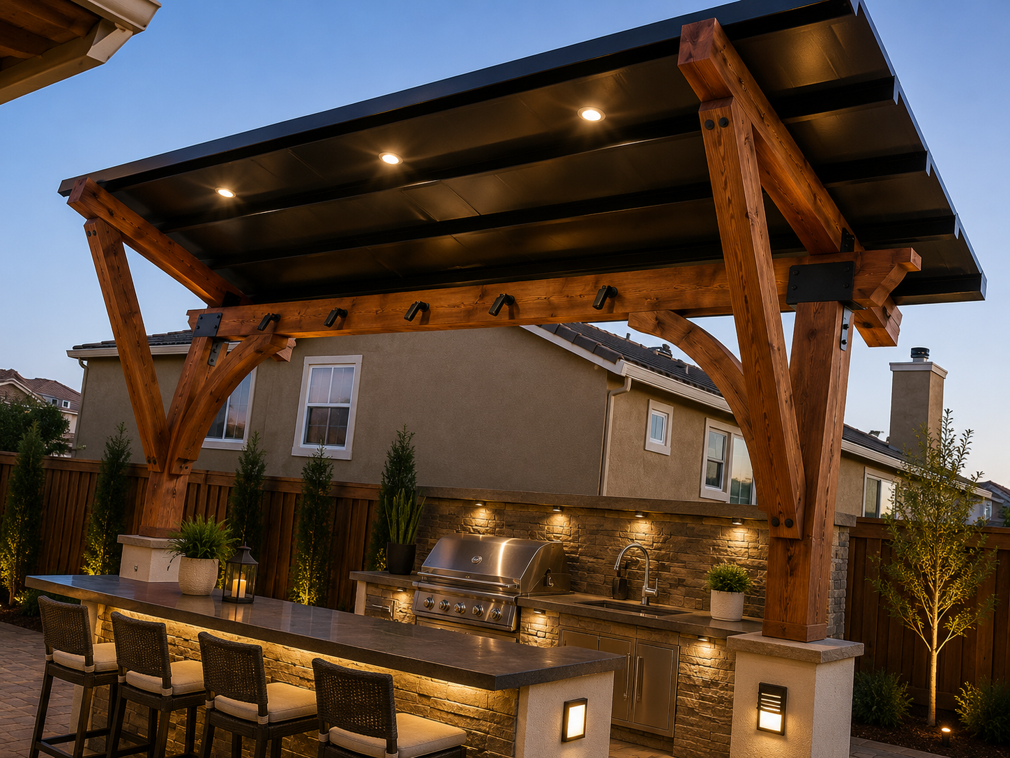Cozy outdoor kitchen at twilight — R. Da Silva Construction outdoor & exterior project, Marin County & East Bay