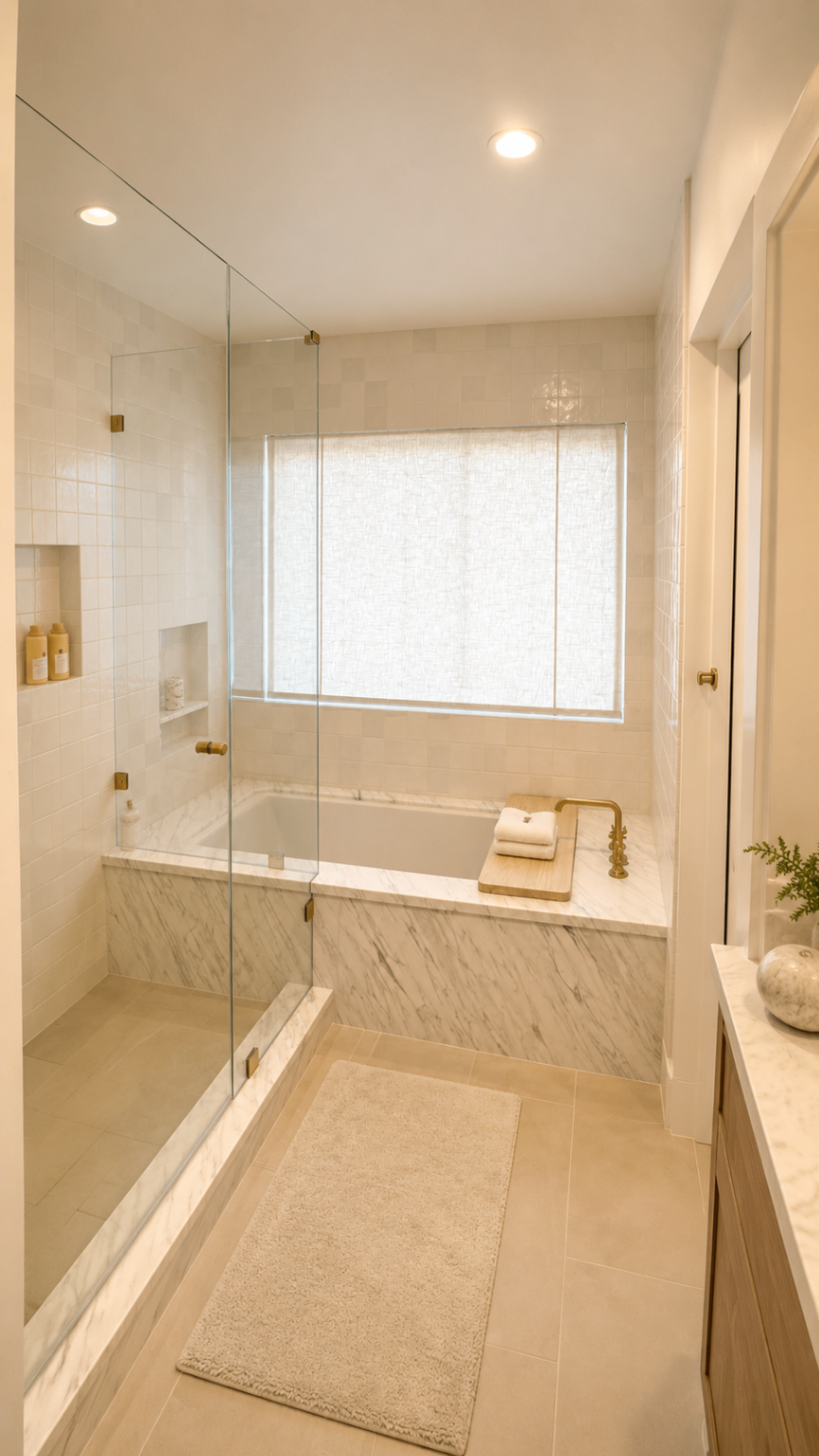 Minimal luxury bathroom with brass accents — R. Da Silva Construction bathrooms project, Marin County & East Bay