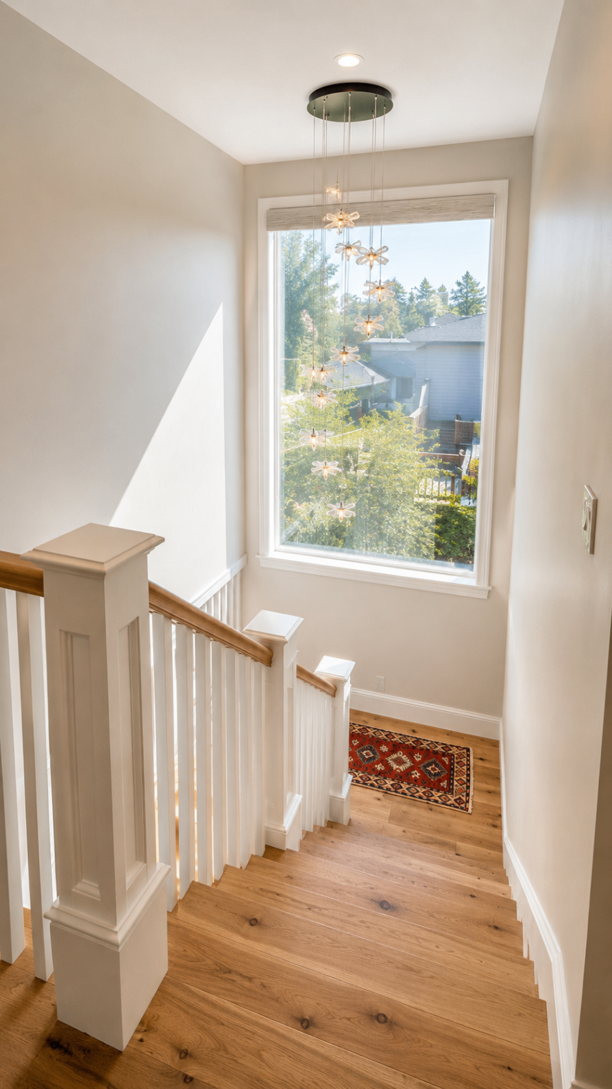 Sunlit stairwell with modern chandelier — R. Da Silva Construction staircases & entryways project, Marin County & East Bay